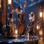 **Rats in suits and fedoras playing Jazz on vintage instruments in a dimly lit sewer, surrounded by mist and flickering lanterns; in the style with bold geometric shapes and expressive lines, blended with the cinematic noir and the moody atmospheric lighting, in stunning 32k resolution. Harlem Renaissance. --ar 16:9 --p on7n3qo** - Image #4 <@935178814189862912>