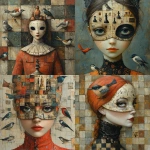 **A full-length picture of a woman with chess, mask multicolor, fish, bird, painting by Naoto Hattori, Didier Lourenço, Kelly McKernan and Hieronymus Bosch --quality 2 --stylize 750 --v 6.1** - <@1051616081585905745> (relaxed)