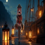 **a full body anime-style pirate idol girl inspired by Houshou Marine from Hololive, standing on the deck of a pirate ship, hand on chest, slightly looking down with a vulnerable and emotional expression, illuminated by lanterns and moonlight, dramatic mist in the background, detailed anime style --v 7.0 --ar 16:9 --oref <https://s.mj.run/jlFWf63AZNQ> --ow 400** - Image #1 <@1112784568303497357>