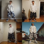 **A young handsome tan skinned white man with light brown hair cut short in a wavy shaggy hairstyle dressed in a Y2K Cholo gangster style, wearing a long sleeve flannel button up white and tan work shirt and extremely baggy, extra-long, 3XL plain long black white and blue Jordan basketball shorts. His shorts are very long and go down to his ankles and feet. He is wearing Nike Cortez shoes standing in his house in the winter** - <@1061360796438900746> (fast)
