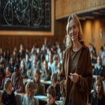 **a cool elegant and happy middle age female school teacher is giving a math class to a large group of pupils. in her classroom. she is smiling and standing in front of a blackboard where mathematical equations have been written on it with white chalk. The classroom is modern, brightly lit and warm. realism image, A hyper-realistic, highly detailed daytime scene, atmospheric lighting, volumetric lighting, rich in detail, Leica Q2, photography, high quality, --no blurry, low resolution, cartoonish, unrealistic reflections, distorted, low-poly, washed-out colors, artifacts, overexposed, watermark, --ar 16:9 --v 6.0** - Image #4 <@1088739679458824253>