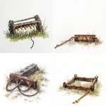 **A beartrap with rusty hinges and sharp teeth sits partially hidden on sparse grass on a white background. the end of the rope leads out of sight. Watercolor, fading into white. Simple, vibrant colors.** - <@201527347642499072> (fast)