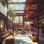 **Vintage Polaroid in the style of slim Aarons, but the decor and dress, of 2025. The interior of a clean modern liquor distillery with a lounge bar in Los Angeles with people casually dressed are sitting on benches, lit by skylights, and side windows, with palm trees overhead, drinking whiskey having fun dancing. Behind them is gigantic beautiful whiskey distillery. Nostalgia in the style of Provia. --ar 128:93 --v 6.1** - Image #2 <@1090364262091866152>