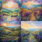 **A breathtaking ethereal landscape painting, blending vibrant oil paints with luminous, translucent organza textures, capturing a vineyard at golden hour with rolling hills, lush grapevines, and a tranquil seascape horizon. A rising sun with soft pinks, lavenders, and golds evokes empowerment and resilience, with delicate organza layers adding shimmering, whimsical depth. The composition radiates divine calm and timeless elegance, transforming spaces into sophisticated sanctuaries, framed by a luxurious interior hint. Inspired by nature’s grace and spiritual strength, in Deeline’s mixed-media style, highly detailed, cinematic lighting, 4K resolution. --v 6.0** - <@1110395229338615829> (fast)