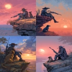 **a man with a metallic arm, a futuristic rifle, and a broad brimmed hat looking off a cliff toward the setting sun. his dog is sitting next to him, full spectrum \8bit color, 60dpi --ar 5:7** - <@481618854582157330> (fast)
-# Create, explore, and organize on [midjourney.com](<https://midjourney.com/imagine?from_discord=1>)