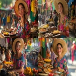 **Create a hyper-realistic street scene in Mexico City featuring actress Sydney Sweeney as a cheerful street vendor selling traditional Mexican huaraches (both the leather sandals and the oval-shaped corn masa dish). She is wearing a colorful embroidered blouse with bright floral patterns, a woven straw hat for sun protection, and a wide friendly smile. Her stall is a rustic wooden table covered with a vibrant sarape cloth, displaying neatly arranged leather huaraches in various sizes, alongside plates of freshly made huaraches de nopal with salsa and toppings. The background shows a lively Mexican street market with papel picado decorations, warm golden hour sunlight casting soft shadows, and customers passing by. The atmosphere is festive, colorful, and full of cultural detail, with realistic textures of leather, wood, and food. --v 6.1 --ar 16:9** - <@1033258789991895111> (fast)