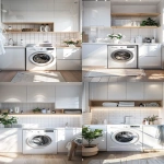 **odern apartment laundry room, one washing machine, sink, cabinets, light color palette, potted flowers, laundry products on shelves, clean and minimal design, bright natural light, cozy and organized, realistic, frontal view --v 6.0 --ar 9:16** - Variations (Strong) by <@1095141824018010255> (fast)