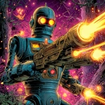 **scifi comic book style, classic robot, holding two ray guns, firing lasers, glowing eyes, colorful, scifi comic book style** - Image #2 <@186377350642925568>