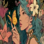 **An illustration of a nymph holding a butterfly in her hand and wearing a lily in her hair, in colorfull and anime style. --ar 16:9** - Image #4 <@1068240844349509652>