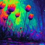 **lithograph of fiery tulips, with a turquoise background and vibrant red and magenta colors, featuring a textured appearance. --sref 2596106568 --s 750 --p 1w2ht95 --raw** - Image #2 <@754226842650542162>