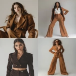 **professional branding photoshoot, ultra realistic, Brazilian woman, same facial features, elegant women’s tailoring outfit, saddle brown / caramel brown color palette, high-waisted wide leg tailored pants, cropped blazer or tailored vest, minimalist luxury fashion, clean studio background, neutral tones, soft professional studio lighting, modern fashion editorial style, confident and sophisticated woman, instagram branding photography --v 6.0 --ar 4:5 --chaos 8 --raw** - <@1459272180138381427> (fast)