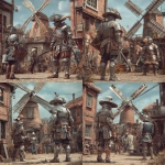 **Show me a steampunk Don Quixote set in Victorian London. He's a middle aged man in homemade armor augmented with steampunk facets he invented himself. He has a sword and shield and is facing off against a clever enchanter. There is a windmill in the distance. The fight is occurring in a Victorian workyard. Please show this using a photorealistic style** - Variations (Strong) by <@289174898964955136> (fast)