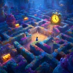 **A vast, colorful maze where a person sits sadly at a dead end, crying in disappointment. Hidden from their view, several glowing treasure chests are scattered throughout the maze. Above the labyrinth floats a bright digital timer. The scene is cheerful and heartwarming despite the moment, filled with sunlight, vibrant colors, and a magical Disney-style atmosphere, in the style of a Disney animated movie, whimsical and hopeful mood, highly detailed, cinematic composition.** - Image #4 <@1293468415985451029>