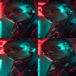 **realistic cyberpunk black female, at night, with neon lights in the background, red and turquoise. Strong light from above, on the face. High contrast. The female is looking towards the camera 3/4 view, she has braids, glowing eye cyber gear and an ear piece --ar 9:16** - Variations (Subtle) by <@1174469651695144981> (fast)