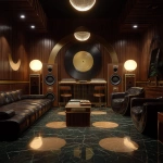 **Surrealism 1970s abstract luxury music lounge, black gold brown colors rich colors, luxury, hd quality , vinyl showing, low lighting, leather conversation pit, tall abstract speakers, vinyl records , bar lounge included --v 7.0** - Upscaled by <@951239260281913364> (fast)