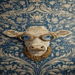 **<https://s.mj.run/BENSP7WwF18> a small size cow wearing sunglasses and gold jewelry in the center of an intricate, blue-patterned wallpaper, in the style of the renaissance. --ar 13:25 --iw 3** - Image #2 <@1103975769467789322>
