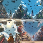 **The style is a 2D flat cartoon style. A girl with a 45-degree low angle and a two-point perspective is looking up at a futuristic city intersection on a sunny day. Above the girl, numerous black drones move from the back to the front. --v 7.0** - <@1391623149094965368> (relaxed)