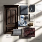 **"action": "image_generation", "action_input": "A high-end interior design mood board layout. The mood board features: 1. A sample of dark walnut wood wainscoting with elegant rectangular moldings. 2. A swatch of charcoal grey upholstered fabric panel. 3. A piece of blue and white Chinoiserie porcelain pattern. 4. A sample of black Marquina marble with white veins. 5. A small swatch of black and white Houndstooth fabric. 6. An antique brass metal finish sample. 7. A snippet of a Persian rug with deep red and navy tones. The elements are arranged artistically on a clean light grey background with soft shadows, professional architectural presentation style."** - Image #2 <@1259916559262941226>