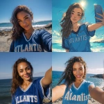 **a beautiful mixed-race woman wearing medium length brown hair with a blue v neck jersey that says "Atlantis" on it taking a selfie by the ocean on a beautiful sunny day with blue skies** - <@1140312396750127224> (fast)