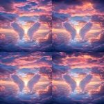 **Digital art depicting two angel wings in the sky with clouds in the background, a sunrise, and pastel colors. This digital painting has a fantasy art style, a symmetrical and centered composition, and is visually beautiful. --v 6.0 --s 250 --ar 46:103** - Pan Up by <@756269320539209761> (fast)