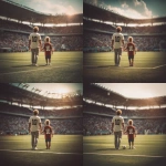 **father and son at the football stadium, holding hands, the father is wearing tennis pants, both wearing striped team shirts with the number ten on the back, full body, fans behind, showing the lawn, sunny day, natural light** - Zoom Out by <@450124934837043201> (fast)
-# Create, explore, and organize on [midjourney.com](<https://midjourney.com/imagine?from_discord=1>)