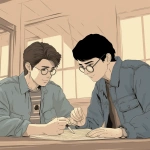 **Ghibli style graphic of 3 male college roommates contently doing a project together at a table. --v 5.0** - Image #2 <@1090435486935433258>