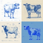 **"A completely flat, no-depth illustration of a full-body cow drawn with thick blue line art. Use bold, simple geometric shapes and a deformed, playful style. No shading, no gradients, no 3D effects, and no realistic details. The cow should look like a minimalist pictogram or modern graphic icon, with high contrast and a clean, poster-like appearance suitable for packaging design."** - <@1263833281322029154> (fast)