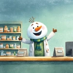 **in a children's book style frosty the snowman in a pharmacist jacket behind the counter, friendly, clean, white background, slight green highlights, happy, welcoming,** - Image #3 <@641548253271425034>