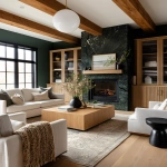 **editorial photo of a cozy moody living room with a white glossy globe pendant light, ribbed glass-fronted and oak ribbed shaker cabinetry with brass sleek cylindrical handles, an exotic forest green granite fireplace with bold veins, white modern sofa and accent chairs, large ribbed oak coffee table, beige knitted throw blankets and throw pillows, black ribbed round end tables, Natural oak plank flooring with a traditional light green rug, oak ceiling beams. ARRIFLEX 35 BL camera, high definition quality, Canon K35 Prime Lens, bright and airy --raw --ar 4:5 --v 7.0** - Image #1 <@1230559318680670299>
