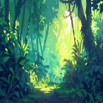 **flat cel-shaded style with bold clean linework, minimal jungle landscape, trees on both sides, leaves blocking out the sky, bits of light shining through, vines on trees, dense green foliage, natural pathway in the middle, loop animation friendly --ar 16:9 --niji 6** - Image #1 <@257221362568003584>