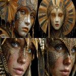 **elegant creative carnival deviant art, face, beautiful eyes, golden, parasol, black background --s 750 --ar 4:3** - <@1128543579556565043> (relaxed)