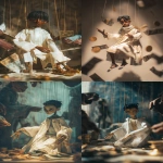 **A finely crafted marionette of a young anime boy with jointed limbs and visible strings, dressed in ancient Egyptian white robes. He is posed as if sitting at a table, controlled from above. Surrounding him, shadowy, out-of-focus figures of people manipulate stacks of money and scattered Roman coins. The boy, a puppet, has large, glassy, expressive eyes. The style is reminiscent of classic manga cover art, with the sharp lines and vibrant colors of the marionette contrasting against a darker, more theatrical background. --ar 85:128 --v 7.0 --p mwpi95x** - <@451473582770618389> (fast)
-# Create, explore, and organize on [midjourney.com](<https://midjourney.com/imagine?from_discord=1>)