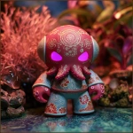 **vinyl toy colourful fierce japanese art yokai octopus man with psychic mind powers of esp and glossy led digital eyes, and many japanese art patterns glossy on a coral reef backgorund --v 7.0** - Image #1 <@1014981691850371152>
