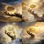**a divine hand emerging clearly from a swirling cloud, holding a large glowing golden coin with a prominent Bitcoin symbol in the center. The hand is detailed and realistic, as if from a live-action film. The coin floats in front of the hand, shining brightly with golden light, surrounded by mystical sparkles. The background shows golden rays, a garden and a distant mountain path, everything in magical fantasy style, hyper-realistic, cinematic quality. --ar 7:12 --v 7.0 --raw** - <@1082409841915601038> (relaxed)