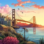 **coloring book cover drawing San Francisco, in the style of mixes realistic and fantastical elements, dreamlike illustrations, bloomcore, tasteful use of negative space, no text, sketchfab, adventurecore, magic realism --ar 83:107 --v 5.2** - Image #1 <@1144501518293282817>