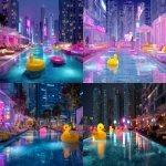 **A sparkling night pool on a modern city rooftop, surrounded by glowing skyscrapers and vibrant neon lights, with colorful neon signs reflecting on the water, one yellow duck float and one pink heart-shaped float gently floating on the pool, luxurious resort-style tropical drinks and colorful food served on floating trays and poolside tables, dreamy and glamorous urban atmosphere, highly detailed, vivid lighting, no people --ar 3:2 --v 7.0** - <@1118470570560987148> (fast)