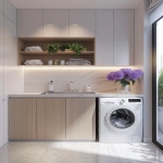 **modern apartment laundry room, one washing machine, sink, cabinets, light color palette, potted flowers, laundry products on shelves, clean and minimal design, bright natural light, cozy and organized, realistic, frontal view --v 6.0 --ar 4:5** - Image #4 <@1095141824018010255>