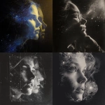 **create the sketch with pencil on canvas of an abstract art of middle aged portrait of a woman and also of twinkling mysterious expanse of the cosmos superimposed on one another. Black background. Use dark colours akin to dark, moody library or whiskey lounge.** - <@1084960975586869341> (relaxed)