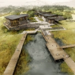**Campus design from drone perspective of a technical high school along a marsh with boardwalks which access viewing platforms. Design the buildings in the style of lake flato architects** - Image #2 <@1182158818818400348>