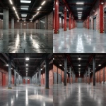 **real life render of a warehouse floor in mint condition, with epoxy gray floors and a grid of steel columns. Put a ceiling with artificial lighting, a red brick wall to one side and warehouse doors to the other** - <@1115323803438944416> (fast)