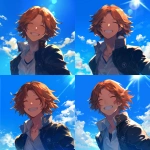 **A close-up portrait of Yosuke Hanamura from Persona 4, in a bright and cheerful summer atmosphere. He is smiling softly under a warm sky filled with blue and white clouds. The lighting is golden and radiant, casting soft highlights on his face and hair. The background evokes a breezy summer day, enhancing the lighthearted and youthful vibe. Rendered in the style of Rella soft, clean lines, expressive features, and beautiful, luminous shading. Use warm tones throughout the composition, with a gentle glow and elegant color transitions. Focus on his gentle eyes and light brown hair moving slightly in the wind. --niji 6** - Variations (Strong) by <@762679659153850410> (fast, stealth)
-# Create, explore, and organize on [midjourney.com](<https://midjourney.com/imagine?from_discord=1>)