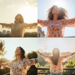 **A bright and joyful woman standing outdoors, arms spread wide, basking in the sunlight. She is wearing a light floral-patterned blouse, radiating happiness and freedom. The background features a clear sky with faint greenery and a railing, symbolizing openness and escape. The overall scene conveys a sense of liberation and positivity, with natural lighting enhancing the serene yet uplifting atmosphere. Cinematic and realistic style** - <@656836270752006172> (fast)