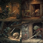 **in a Dungeons and Dragons art style, a scared goblin with a sword fighting a filthy vicious big brown rat, inside an old wooden hag's hut, scary, gross --v 7.0** - <@478047972412620803> (fast)