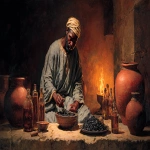 **servant mixing black galena powder with oils in a small bowl; clay jars of aromatic oils on table; indoor egypt setting; warm torchlight; realistic historical painting --ar 16:9 --v 7.0** - Image #3 <@1168965155363762248>