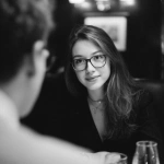 **Black and white candid DSLR photo of a dinner scene. A young woman about 27 sits at the table, wearing glasses and an elegant secretary outfit. She has long flowing hair and a natural realistic face, with small imperfections and a subtle hidden smile as she looks at the man across from her. Her posture is relaxed and graceful, expressing warmth and presence. The man is blurred in the foreground, only partly visible. The image is simple, authentic, like an unedited real photograph.** - Image #4 <@1223901074742837300>