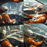 **A pilot in an orange and white spacesuit, sitting inside the cockpit of their spaceship, gazes out at other spaceships parked on a holographic dockyard, in the style of Guweiz. --ar 51:64** - <@264129597782753313> (fast)