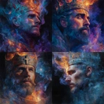 **A wide, front-facing ultra hyper realistic portrait of a king crowned with an otherworldly, luminous crown that seems welding forged from liquid gold and cosmic light, shimmering and shifting as if alive. His full face, chest, and upper torso are visible, but the left side of his face and shoulder are engulfed in surreal flames not ordinary fire, but vibrant waves of translucent, spectral colors: deep blues, fiery oranges, and ghostly purples that ripple and spiral, dissolving softly into the surrounding air. These flames emit a radiant glow that fractures light like stained glass, illuminating his features with ethereal brilliance and casting impossible shadows that bend and twist. The bold ash cross on his forehead is made of swirling ash particles suspended mid-air, subtly floating and reshaping, symbolizing the fragile boundary between mortality and divinity. His calm, contemplative expression holds a hypnotic, almost hypnotized serenity, with eyes reflecting stars and galaxies a window to infinite spiritual realms. The dark background is alive with shifting cosmic nebulae, faint celestial bodies, and soft glowing fractal patterns that evoke the mystery of the universe itself witnessing this transcendent moment. Painted with meticulous, soft, and flowing oil brush strokes, the textures meld realism with dreamlike abstraction--skin glows with warmth yet translucence, flames move with liquid grace, and the crown radiates a divine energy that defies earthly physics, creating a deeply immersive, mystical, and unreal atmosphere** - <@1097374443979935885> (fast)