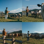 **back view of a man singing and playing acoustic guitar at a natural countryside dairy farm in Daegwallyeong, cows gathered in front of him watching, a low wooden fence separating the man and the cows, the man positioned on the left side of the frame, standing on a vivid green grass field, surrounded by open blue sky and gentle hills, wearing casual modern Korean clothing, warm afternoon sunlight, realistic style, peaceful rural atmosphere, shot on iPhone video, wide-angle lens perspective, sharp focus across entire scene, no blur, no depth of field effect, low bitrate look, slight codec compression noise, cinematic composition, smartphone quality not DSLR** - <@594852042581999617> (fast)