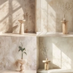 **Studio-style interior photo for furniture catalog use. A single empty plant stand or pedestal centered in the frame. The pedestal is completely empty. No items on top. No plants. No decor. No accessories. No objects of any kind on the stand or surrounding surfaces. Minimal boho interior design. Light neutral palette (off-white, soft beige, pale wood). Simple plaster wall background. Clean floor or tabletop surface with nothing placed on it. Bright diffused studio lighting, flat, even illumination, no directional light, no visible shadows, low contrast. Symmetrical composition, centered framing, large negative space, product documentation photography style, furniture design catalog aesthetic, DSLR quality, 50mm lens. --ar 4:3 --v 6.0 --chaos 0.5 --raw** - <@1090435486935433258> (fast)