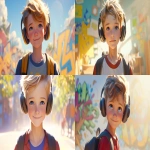 **a medium shot of a realistic illustrated happy 7-year-old Caucasian male student from America, they have a well-defined nose and a well-defined jawline, they have blue eyes and straight blonde hair, they stand with their head and neck and shoulders completely square to the camera and facing forward, their entire body is facing forward, they wear a backpack, they have large headphones on their head, they stand in front of a white wall with bright graffiti art spray painted on it, it is daytime, the sun is shining bright, high-definition, anime-style, --ar 16:9 --niji 6** - <@1065025086664474674> (relaxed)